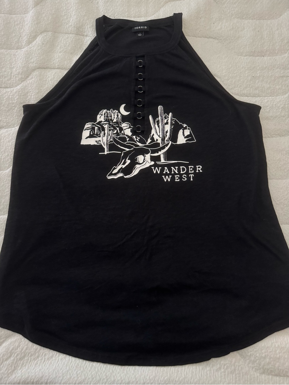 Torrid Wander West Black Graphic Halter Tank size 1